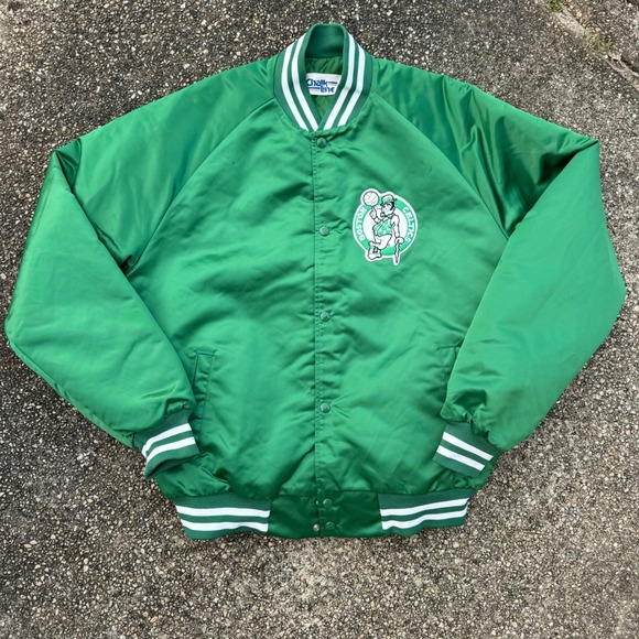 Vtg 80s Chalk Line Boston Celtics Satin Bomber Jacket Men's LT Spellout Green - Picture 2 of 7